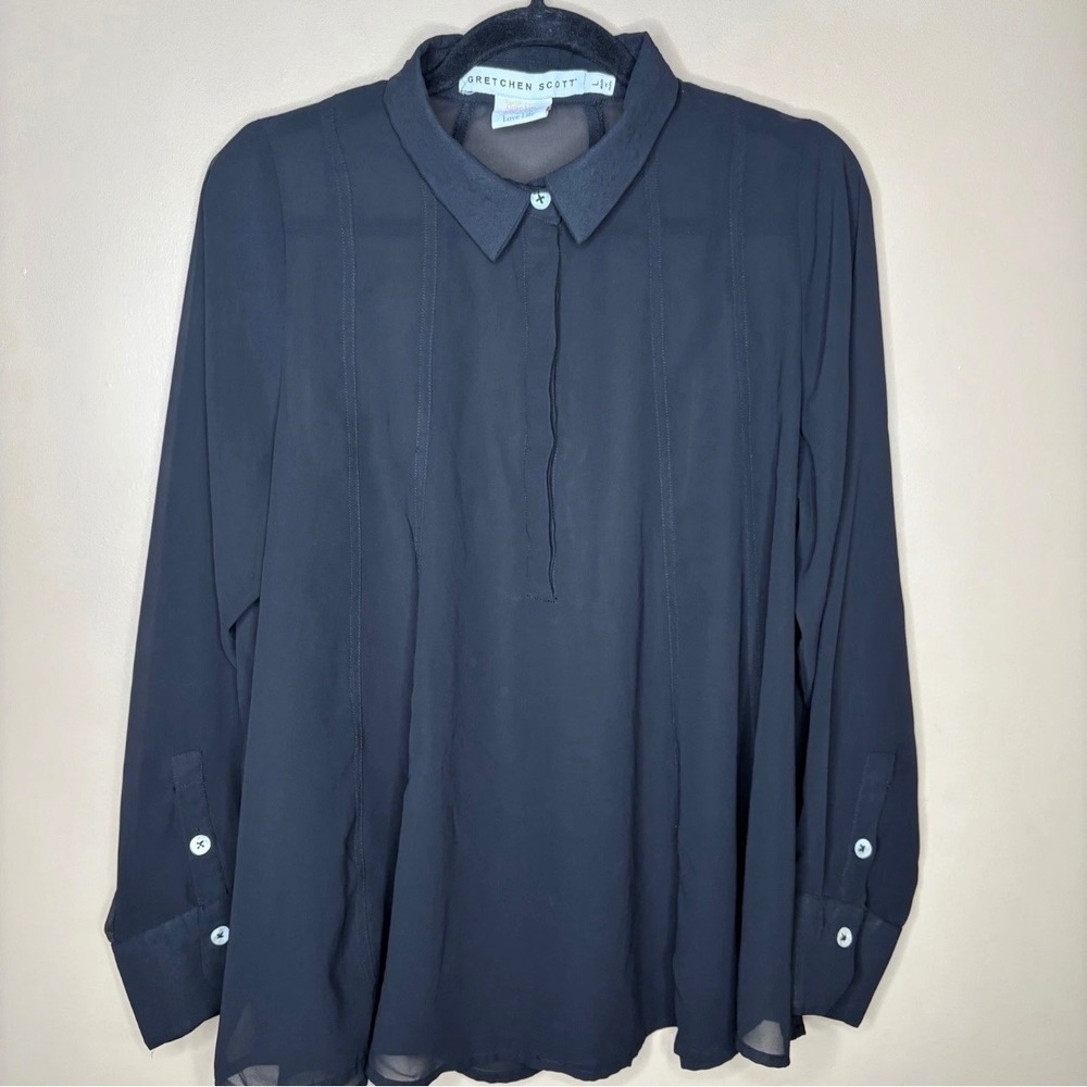 Gretchen Scott Black Sheer Long Sleeve Tunic Blouse Large Flowy Office wear